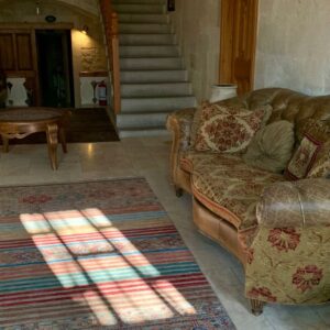 Sunlit traditional living room with a patterned rug and vintage sofa.