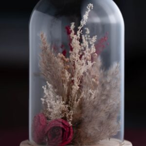 A beautiful arrangement of dried flowers in a transparent glass dome on a wooden base.