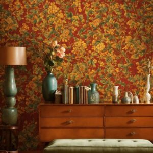 a room with a bench, lamp, vases and a bookcase